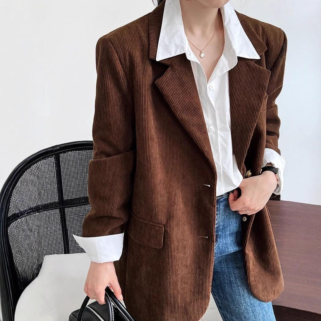 imagechouyatou Womens Retro Loose Fit Corduroy Blazer Jacket Notch Lapel Single Breasted Fall Dressy Work CoatBrown
