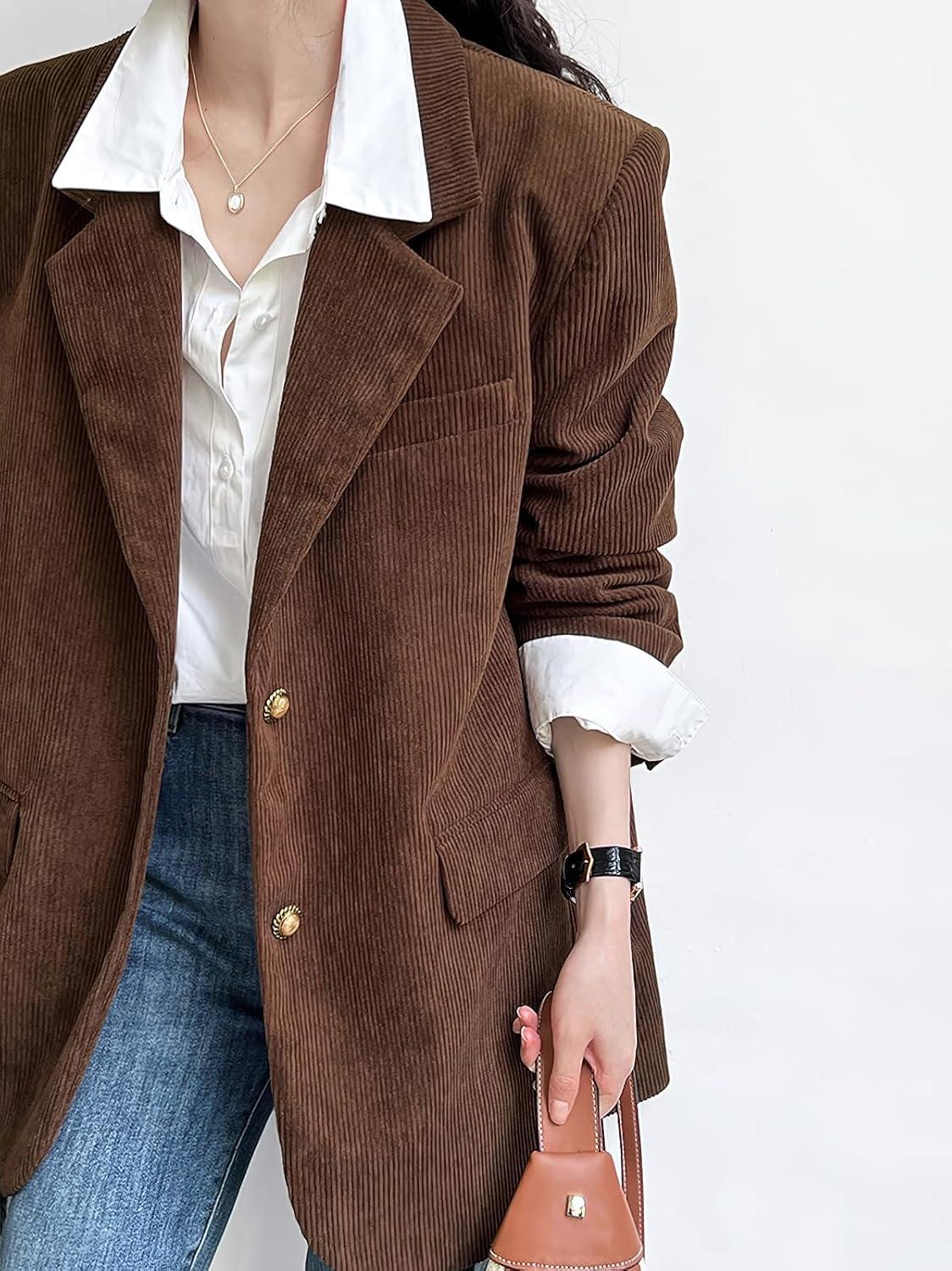 imagechouyatou Womens Retro Loose Fit Corduroy Blazer Jacket Notch Lapel Single Breasted Fall Dressy Work CoatBrown