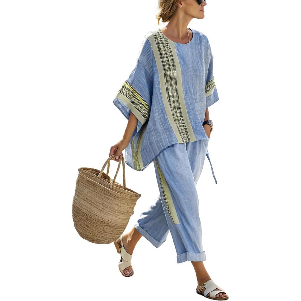 imagechouyatou Womens 2 Piece Outfits Cotton Short Sleeve Tops and Elastic Waist Crop Wide Leg Pants Lounge SetsBlue