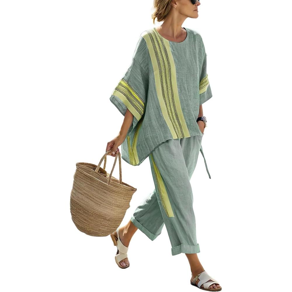 imagechouyatou Womens 2 Piece Outfits Cotton Short Sleeve Tops and Elastic Waist Crop Wide Leg Pants Lounge SetsGreen