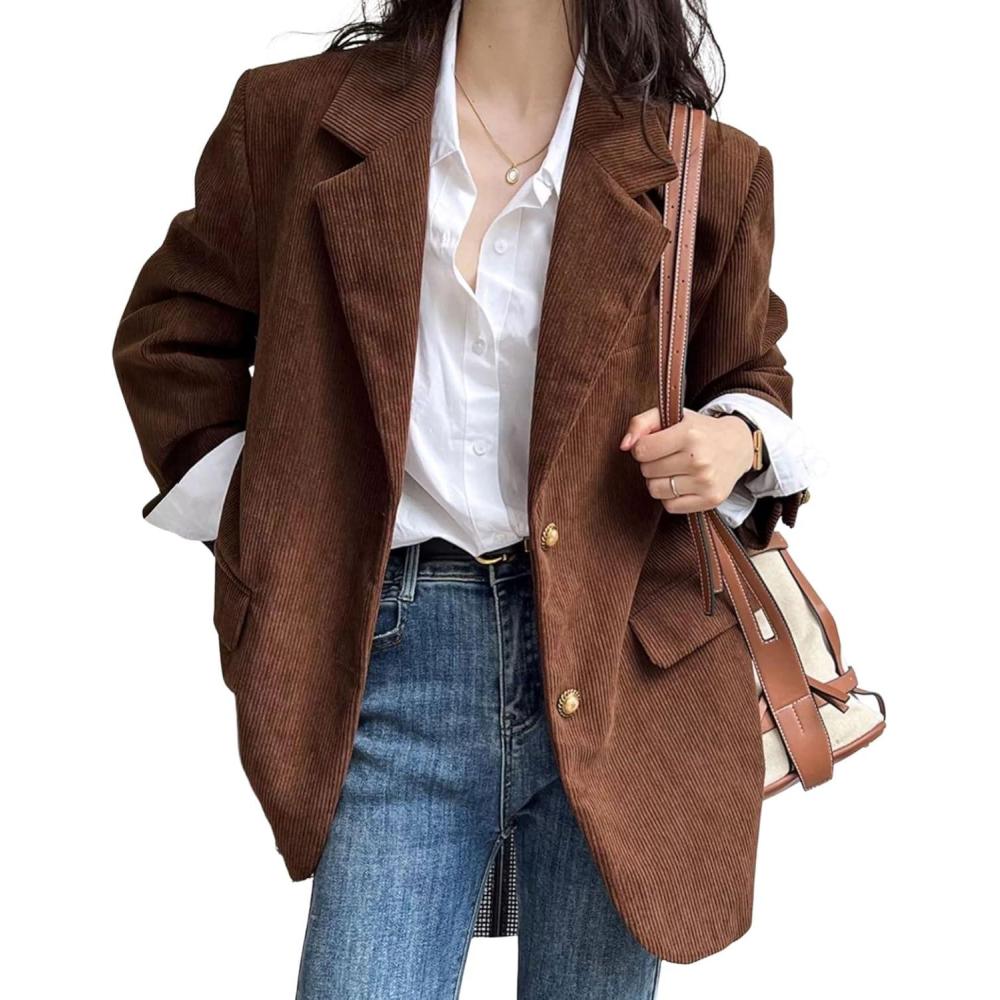imagechouyatou Womens Retro Loose Fit Corduroy Blazer Jacket Notch Lapel Single Breasted Fall Dressy Work CoatBrown