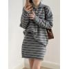 imagechouyatou Womens 2 Piece Outfits Polo Collar Striped Sweater Mini Skirt Set 2025 Casual Sweater Top Matching SetsDark Gray
