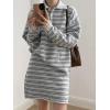 imagechouyatou Womens 2 Piece Outfits Polo Collar Striped Sweater Mini Skirt Set 2025 Casual Sweater Top Matching SetsLight Gray