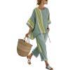 imagechouyatou Womens 2 Piece Outfits Cotton Short Sleeve Tops and Elastic Waist Crop Wide Leg Pants Lounge SetsGreen