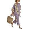 imagechouyatou Womens 2 Piece Outfits Cotton Short Sleeve Tops and Elastic Waist Crop Wide Leg Pants Lounge SetsPurple