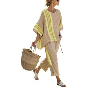 imagechouyatou Womens 2 Piece Outfits Cotton Short Sleeve Tops and Elastic Waist Crop Wide Leg Pants Lounge SetsKhaki