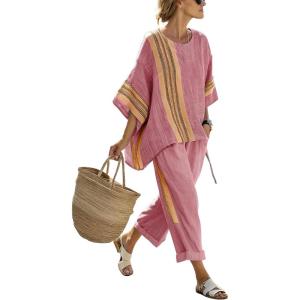 imagechouyatou Womens 2 Piece Outfits Cotton Short Sleeve Tops and Elastic Waist Crop Wide Leg Pants Lounge SetsWatermelon Red