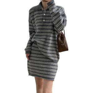 imagechouyatou Womens 2 Piece Outfits Polo Collar Striped Sweater Mini Skirt Set 2025 Casual Sweater Top Matching SetsDark Gray