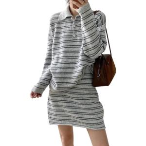 imagechouyatou Womens 2 Piece Outfits Polo Collar Striped Sweater Mini Skirt Set 2025 Casual Sweater Top Matching SetsLight Gray
