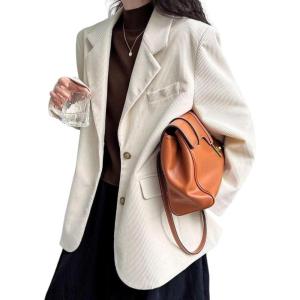 imagechouyatou Womens Retro Loose Fit Corduroy Blazer Jacket Notch Lapel Single Breasted Fall Dressy Work CoatBeige