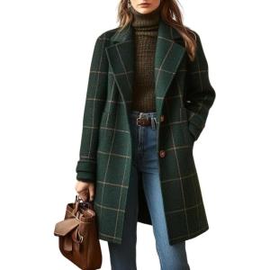 imagechouyatou Womens Winter Notched Collar Plaid Wool Trench Coat Button Down Mid Long Overcoat OuterwearGreen