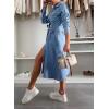imagechouyatou Womens 2025 Long Sleeve Belted Denim Shirt Dress ALine Business Casual Midi Long Denim CoatBlue