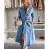 imagechouyatou Womens 2025 Long Sleeve Belted Denim Shirt Dress ALine Business Casual Midi Long Denim CoatBlue