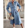 imagechouyatou Womens 2025 Long Sleeve Belted Denim Shirt Dress ALine Business Casual Midi Long Denim CoatBlue