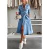 imagechouyatou Womens 2025 Long Sleeve Belted Denim Shirt Dress ALine Business Casual Midi Long Denim CoatBlue