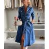 imagechouyatou Womens 2025 Long Sleeve Belted Denim Shirt Dress ALine Business Casual Midi Long Denim CoatDark Blue