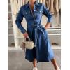 imagechouyatou Womens 2025 Long Sleeve Belted Denim Shirt Dress ALine Business Casual Midi Long Denim CoatDark Blue