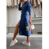 imagechouyatou Womens 2025 Long Sleeve Belted Denim Shirt Dress ALine Business Casual Midi Long Denim CoatDark Blue
