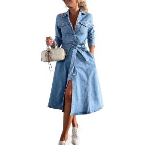 imagechouyatou Womens 2025 Long Sleeve Belted Denim Shirt Dress ALine Business Casual Midi Long Denim CoatBlue