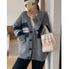 imagechouyatou Women Fall Loose Striped Cardigan Sweater Cozy Casual Button Down Preppy Knit Oversized CardiganGrey