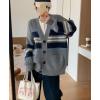 imagechouyatou Women Fall Loose Striped Cardigan Sweater Cozy Casual Button Down Preppy Knit Oversized CardiganGrey