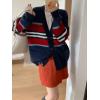 imagechouyatou Women Fall Loose Striped Cardigan Sweater Cozy Casual Button Down Preppy Knit Oversized CardiganNavy Blue