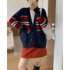 imagechouyatou Women Fall Loose Striped Cardigan Sweater Cozy Casual Button Down Preppy Knit Oversized CardiganNavy Blue
