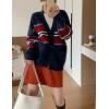 imagechouyatou Women Fall Loose Striped Cardigan Sweater Cozy Casual Button Down Preppy Knit Oversized CardiganNavy Blue