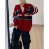imagechouyatou Women Fall Loose Striped Cardigan Sweater Cozy Casual Button Down Preppy Knit Oversized CardiganRed