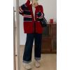 imagechouyatou Women Fall Loose Striped Cardigan Sweater Cozy Casual Button Down Preppy Knit Oversized CardiganRed