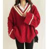 imagechouyatou Womens Casual Cable Knit Pullover Sweaters Color Block Striped Slouchy Oversized Sweater Knit Jumper TopsRed
