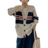 imagechouyatou Women Fall Loose Striped Cardigan Sweater Cozy Casual Button Down Preppy Knit Oversized CardiganApricot