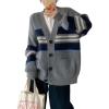 imagechouyatou Women Fall Loose Striped Cardigan Sweater Cozy Casual Button Down Preppy Knit Oversized CardiganGrey