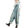 imagechouyatou Womens Distressed Wide Leg Casual Denim Bib Overalls Jeans Baggy Boyfriend Denim Overalls PantsLight Blue