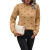 imagechouyatou Womens Vintage Polka Dot Sweater Top Fall Casual Crewneck Pullover Knitted Jumper TopsCamel