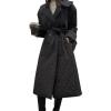 imagechouyatou Womens Winter Double Breasted Quilted Down Coat Notch Lapel Midi Long Puffer Jacket Overcoat with BeltBlack