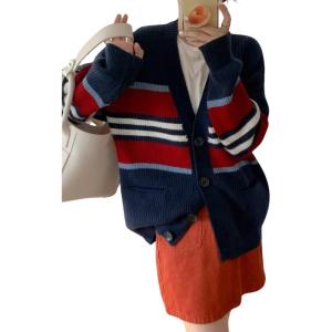 imagechouyatou Women Fall Loose Striped Cardigan Sweater Cozy Casual Button Down Preppy Knit Oversized CardiganNavy Blue