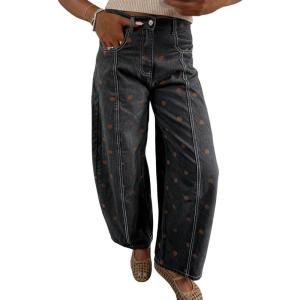 imagechouyatou Womens 2025 Polka Dot Pattern Barrel Jeans Boyfriend Y2K Casual Wide Leg Mid Rise Denim PantsBlack