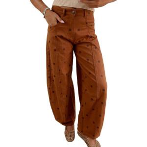 imagechouyatou Womens 2025 Polka Dot Pattern Barrel Jeans Boyfriend Y2K Casual Wide Leg Mid Rise Denim PantsCaramel