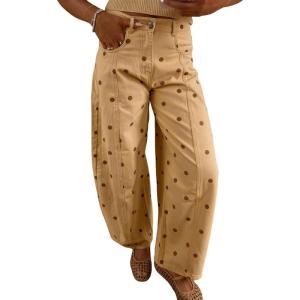 imagechouyatou Womens 2025 Polka Dot Pattern Barrel Jeans Boyfriend Y2K Casual Wide Leg Mid Rise Denim PantsKhaki