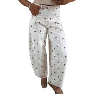 imagechouyatou Womens 2025 Polka Dot Pattern Barrel Jeans Boyfriend Y2K Casual Wide Leg Mid Rise Denim PantsWhite