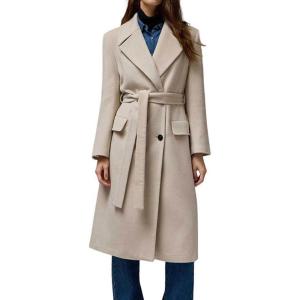imagechouyatou Womens Business Casual Double Breasted Wool Coat Belted Lapel Collar Midi Long Winter Trench CoatBeige