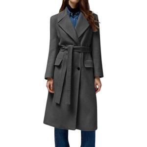 imagechouyatou Womens Business Casual Double Breasted Wool Coat Belted Lapel Collar Midi Long Winter Trench CoatDark Grey
