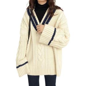 imagechouyatou Womens Casual Cable Knit Pullover Sweaters Color Block Striped Slouchy Oversized Sweater Knit Jumper TopsBeige White