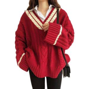 imagechouyatou Womens Casual Cable Knit Pullover Sweaters Color Block Striped Slouchy Oversized Sweater Knit Jumper TopsRed