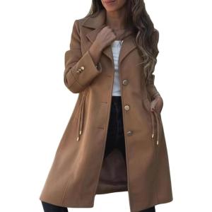 imagechouyatou Womens Casual Single Breasted Wool Coat Notched Lapel Wool Blend Trench Pea Coat with PocketsBrown