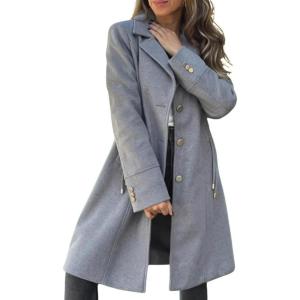imagechouyatou Womens Casual Single Breasted Wool Coat Notched Lapel Wool Blend Trench Pea Coat with PocketsGray