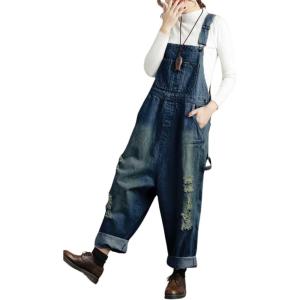 imagechouyatou Womens Distressed Wide Leg Casual Denim Bib Overalls Jeans Baggy Boyfriend Denim Overalls PantsDark Blue