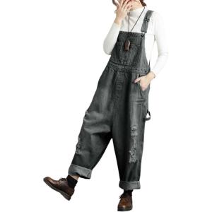 imagechouyatou Womens Distressed Wide Leg Casual Denim Bib Overalls Jeans Baggy Boyfriend Denim Overalls PantsGrey