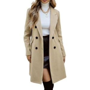 imagechouyatou Womens Double Breasted Wool Coat Business Casual Mid Long Trench Pea Coat Notched Lapel Blazer JacketApricot